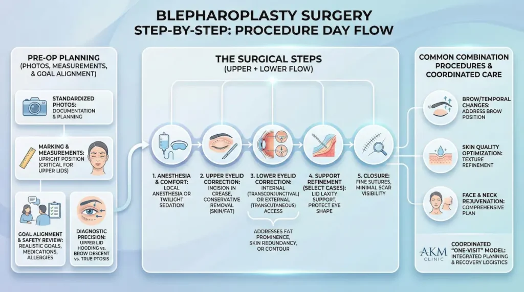 Blepharoplasty Surgery Step By Step infographic showing pre-op planning, anesthesia, eyelid correction steps, and closure.