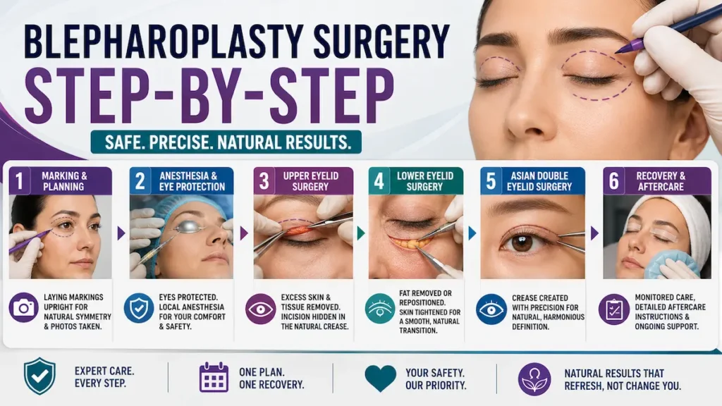 Blepharoplasty surgery step-by-step infographic showing eyelid marking, anesthesia, upper and lower eyelid surgery, Asian double eyelid surgery, and recovery.