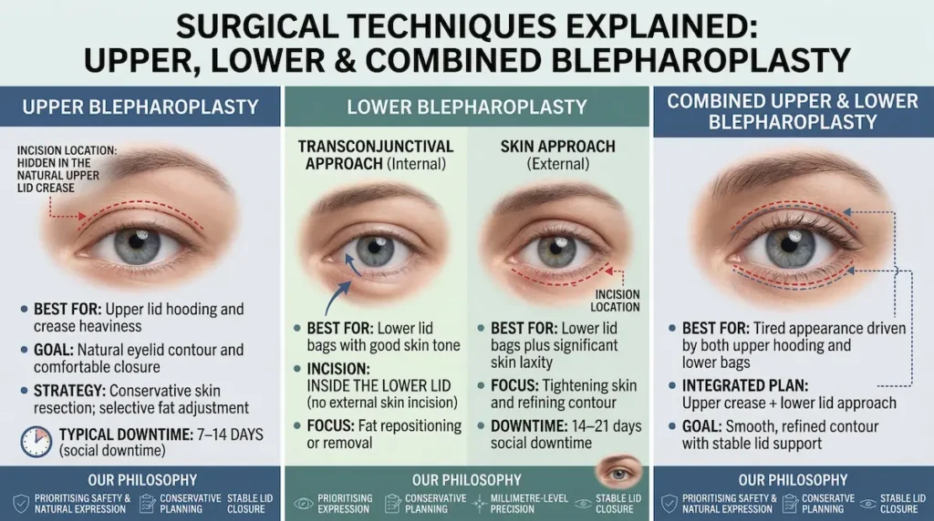 Blepharoplasty (Eyelid Surgery) techniques infographic showing upper, lower (transconjunctival/skin), and combined approaches.