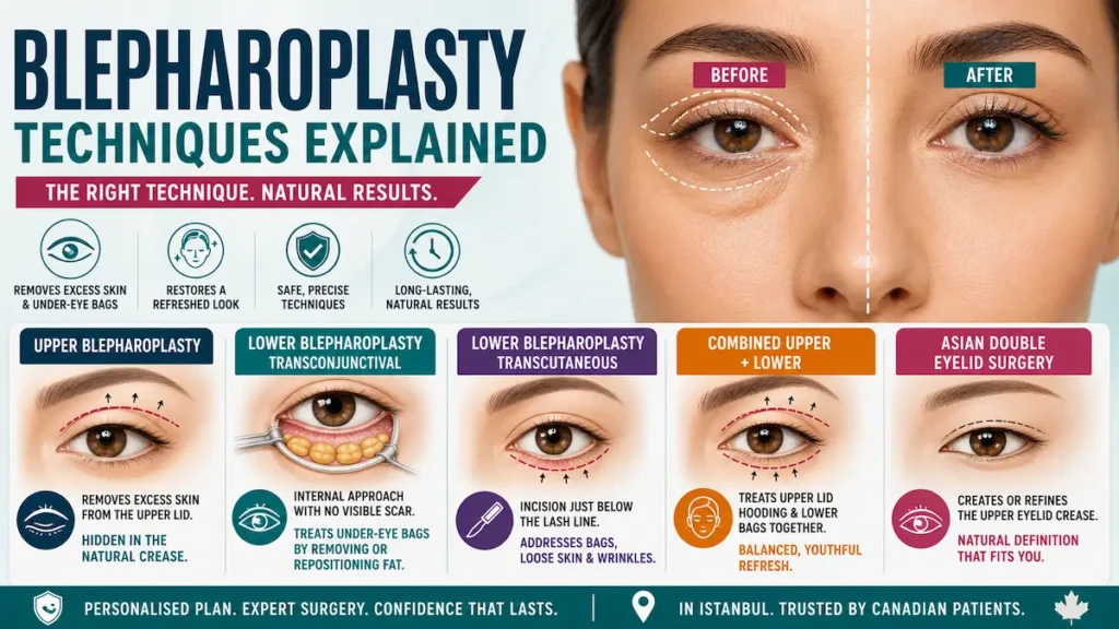 Blepharoplasty techniques infographic showing upper, lower, combined and Asian double eyelid surgery options.