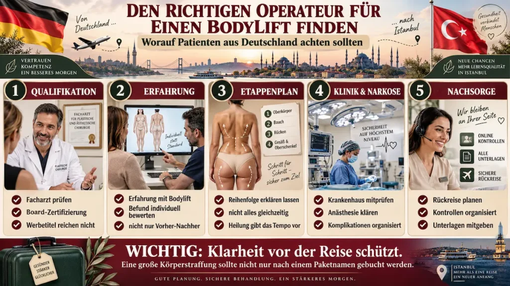 Bodylift Operateur finden: Infografik zu Facharztqualifikation, Erfahrung, Etappenplanung, Klinik, Anästhesie und Nachsorge.