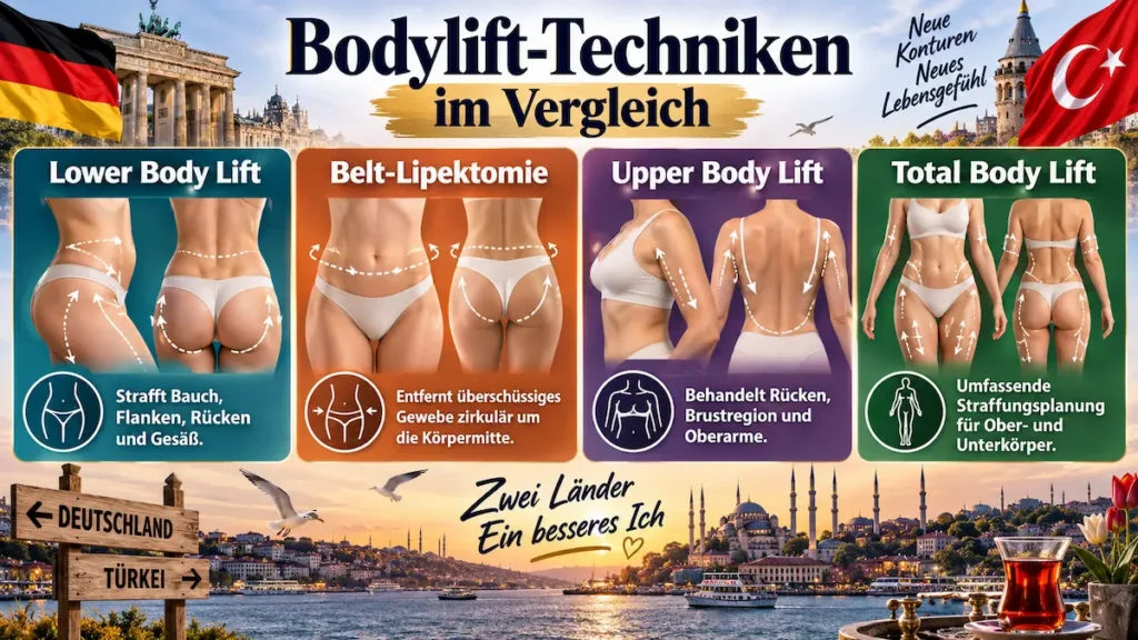 Bodylift-Techniken im Vergleich: Infografik zu Lower Body Lift, Belt-Lipektomie, Upper Body Lift und Total Body Lift nach Gewichtsverlust.