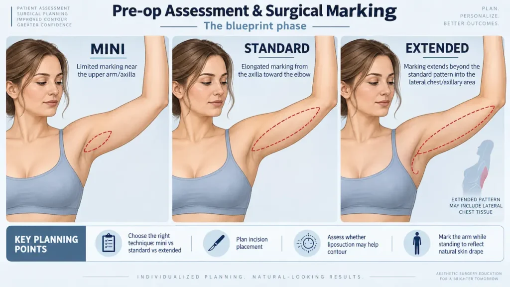 Brachioplasty markings compared: mini arm lift marking near the axilla, full arm lift marking along the inner arm, and extended brachioplasty markings continuing toward the side chest