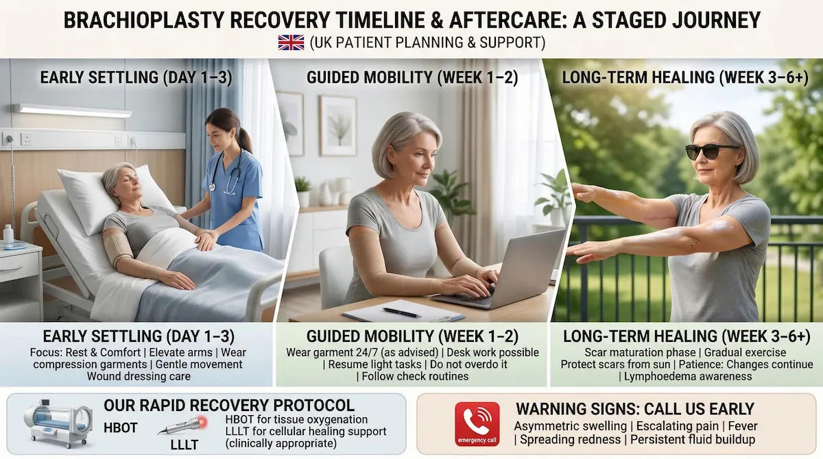 Brachioplasty recovery timeline infographic for UK patients showing day 1–3 early settling, week 1–2 guided mobility with compression garments, week 3–6+ long-term healing, plus HBOT/LLLT support and warning signs.