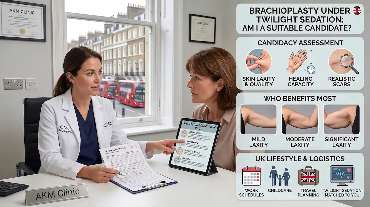 Consultation graphic for brachioplasty under twilight sedation, showing UK patient assessment for skin laxity, healing capacity, realistic scars and travel planning.
