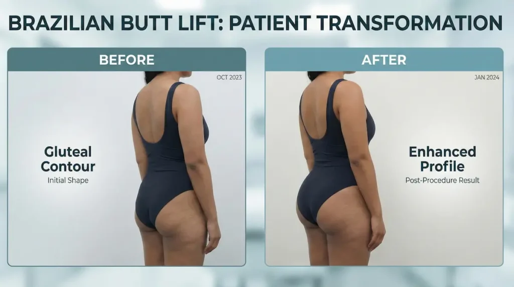 Brazilian Butt Lift (BBL) before and after photo showing improved gluteal profile and more balanced waist-to-hip proportion.