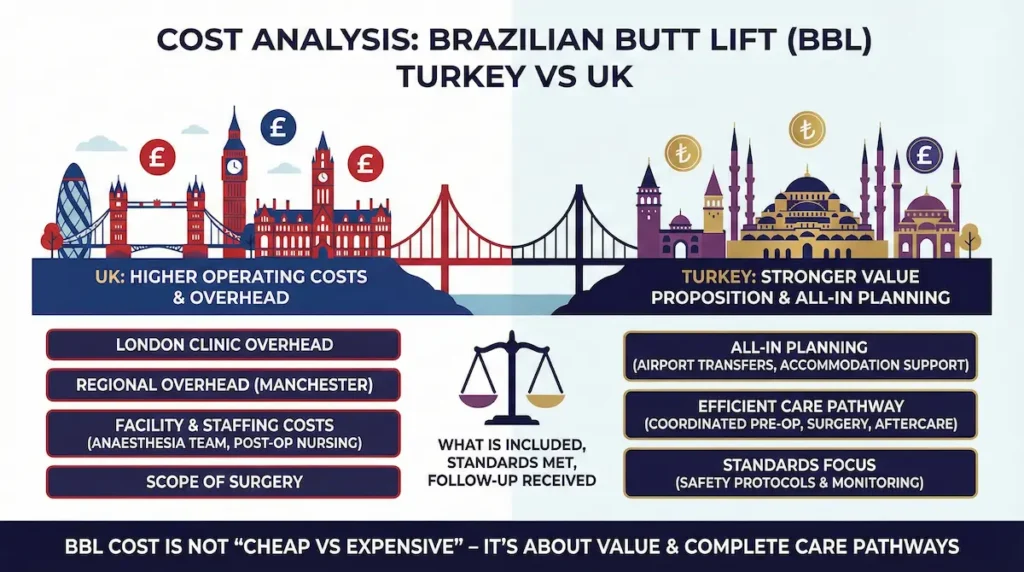Brazilian Butt Lift (BBL) cost infographic comparing Turkey vs UK pricing factors, standards, and aftercare value for patients.