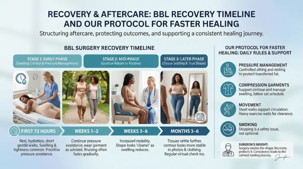 Brazilian Butt Lift (BBL) recovery timeline infographic showing aftercare stages, pressure management, garments, movement, and milestones.
