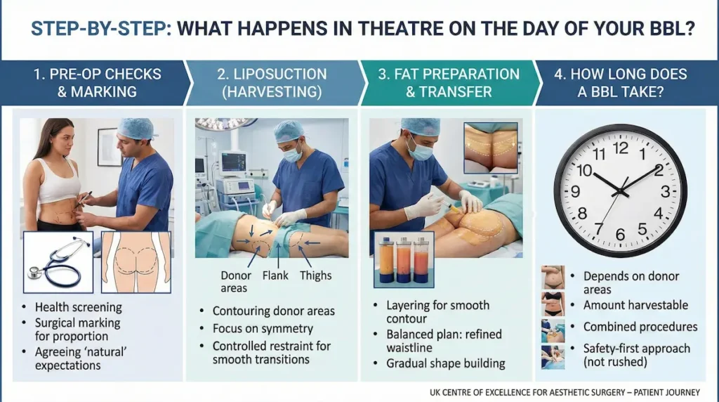 Brazilian Butt Lift (BBL) step-by-step infographic showing pre-op checks, liposuction harvest, fat transfer, and procedure time.