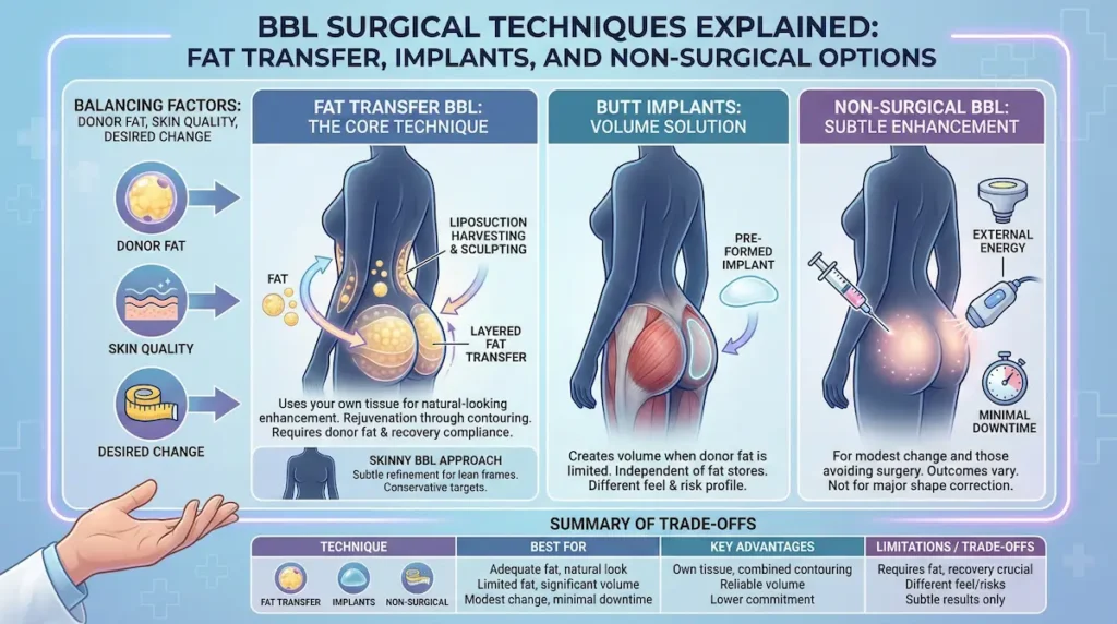 Brazilian Butt Lift (BBL) surgical techniques infographic comparing fat transfer, butt implants, and non-surgical options.