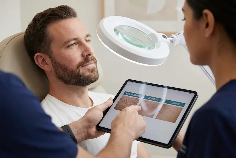 Beard Mustache Transplant consultation reviewing cobblestoning, scarring, and texture concerns with magnified skin images.