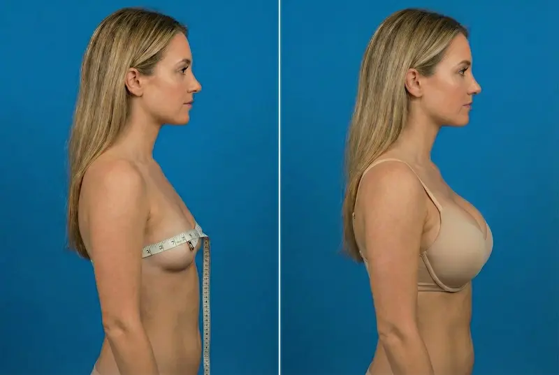 Breast Augmentation before and after side profile showing increased volume, improved projection, and proportional enhancement.