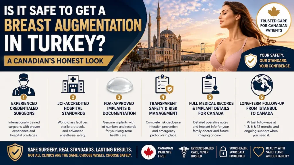 Breast augmentation in Turkey safety infographic for Canadian patients showing credentialed surgeons, JCI-accredited hospital standards, FDA-approved implants, medical records, and long-term follow-up.