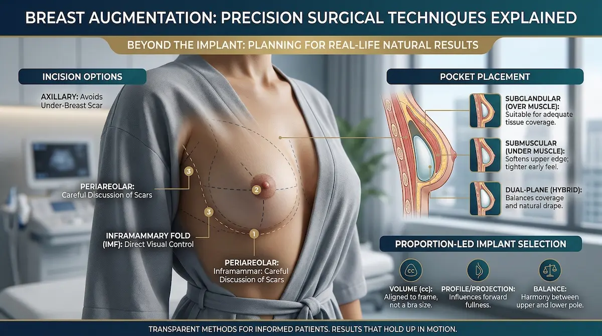 Breast augmentation infographic showing incision options (IMF, periareolar, axillary) and pocket placement (subglandular, submuscular, dual-plane) with proportion-led implant selection.
