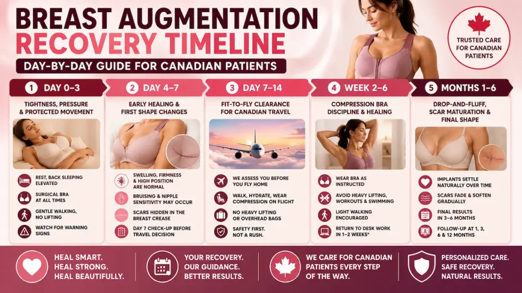 Breast augmentation recovery timeline infographic for Canadian patients showing day 0–3, day 4–7, fit-to-fly clearance, compression bra care, and drop-and-fluff healing.