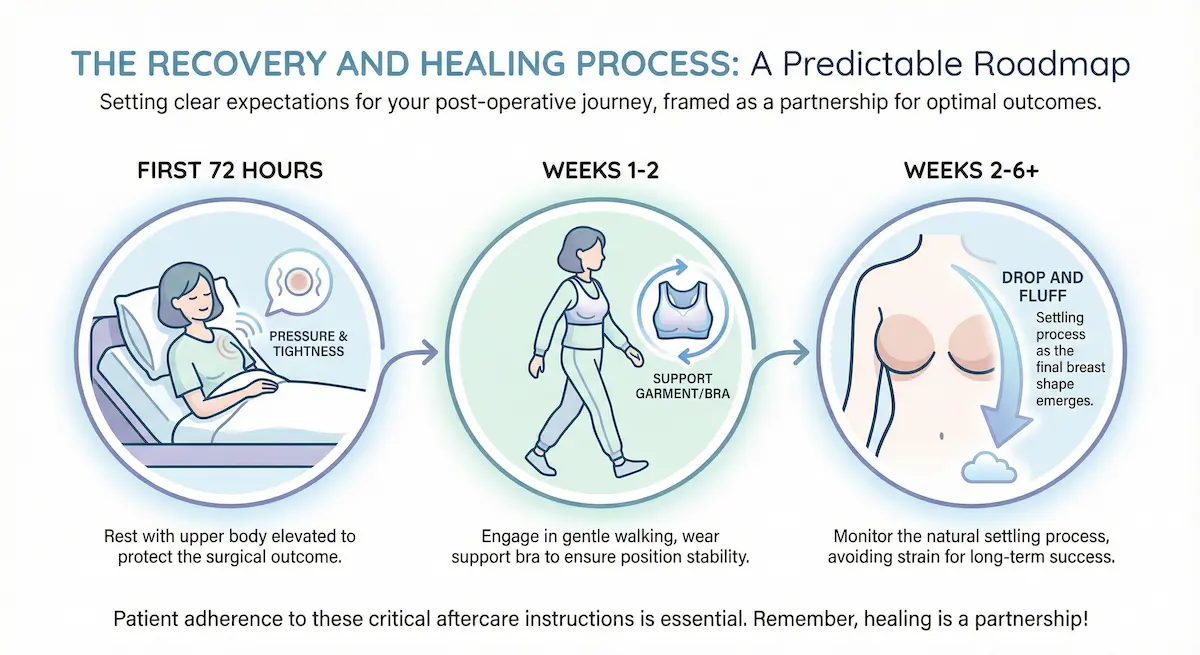 Recovery timeline infographic showing the first 72 hours (pressure and tightness with elevated rest), weeks 1–2 (gentle walking and support bra), and weeks 2–6+ (drop-and-fluff settling process).