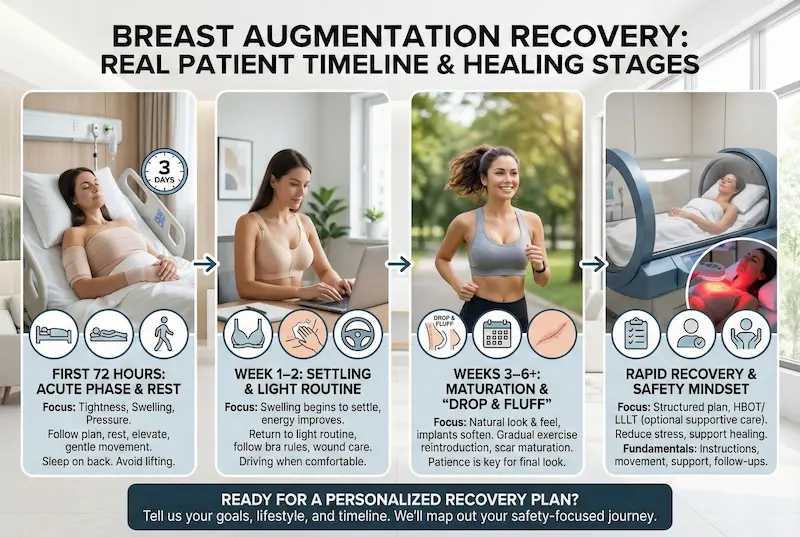 Breast Augmentation Recovery Timeline infographic showing 72 hours, week 1–2, weeks 3–6+, and healing stages.