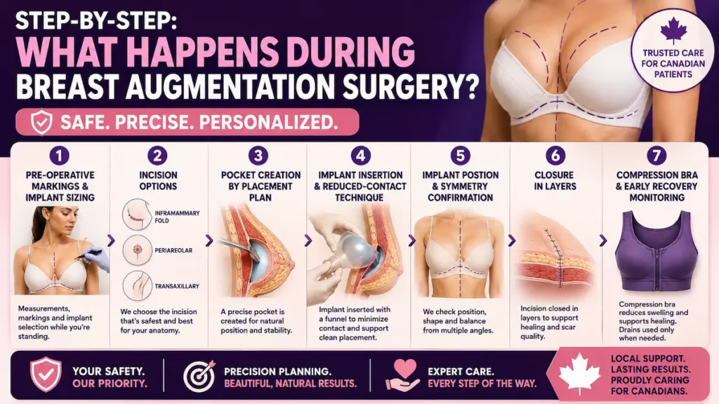 Breast augmentation surgery step by step infographic for Canadian patients showing implant sizing, incision options, pocket creation, implant insertion, closure, and recovery bra support.
