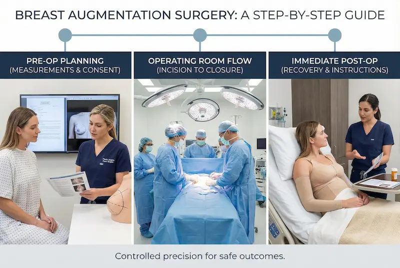 Breast Augmentation Surgery step by step infographic showing pre-op planning, operating room flow, and immediate post-op recovery.