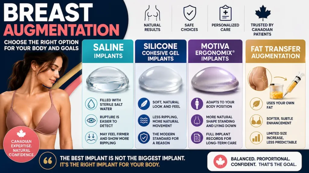 Breast augmentation techniques infographic for Canadian patients comparing saline implants, silicone cohesive gel implants, Motiva Ergonomix implants, and fat transfer augmentation.