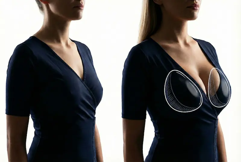Breast Augmentation concept: before-and-after view with implant placement overlay improving fullness, projection, and symmetry.