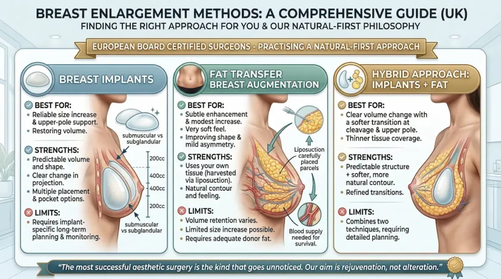 Breast Enlargement methods infographic comparing breast implants, fat transfer breast augmentation and a hybrid approach, with benefits, limits and planning notes for UK patients.