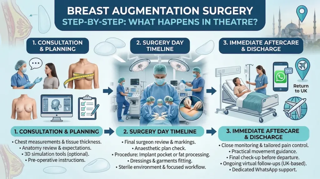 Breast Enlargement step-by-step infographic showing consultation and planning, surgery day in theatre, and immediate aftercare with UK follow-up support.
