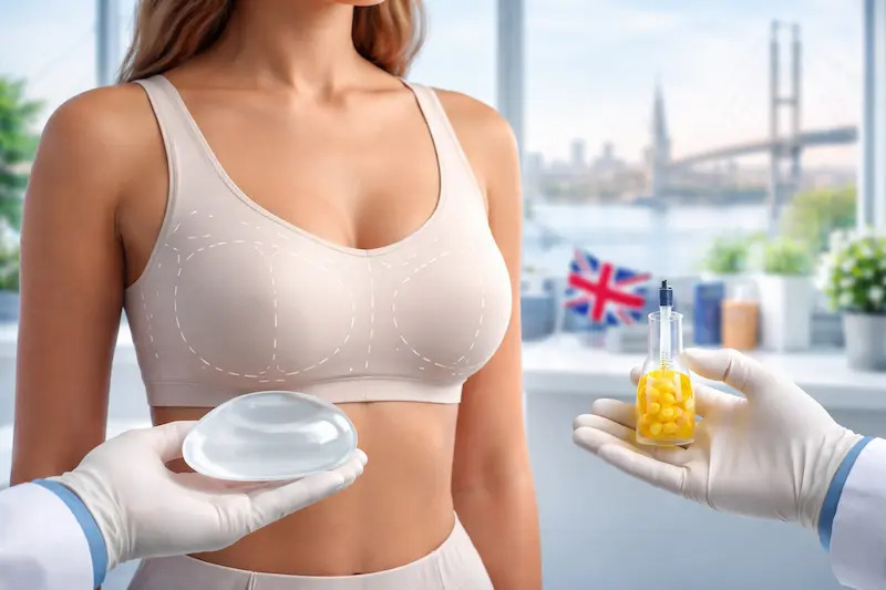 Breast Enlargement surgery planning with implant and fat transfer options during a clinic consultation for a UK patient.