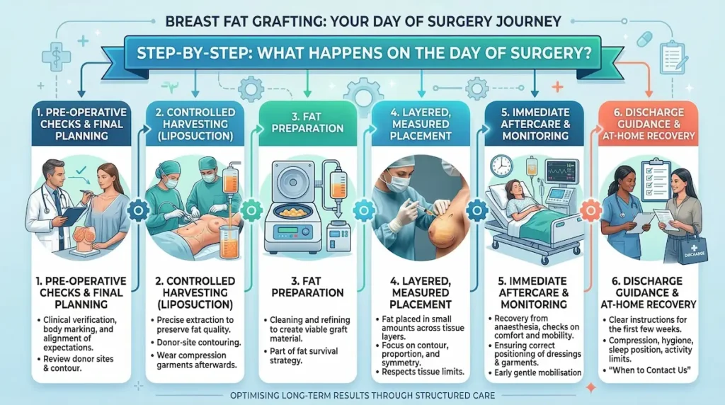Fat Transfer Breast Augmentation step-by-step infographic showing planning, liposuction harvest, preparation, and placement