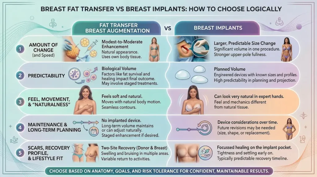 Fat Transfer Breast Augmentation vs breast implants comparison chart showing size change, predictability, and recovery