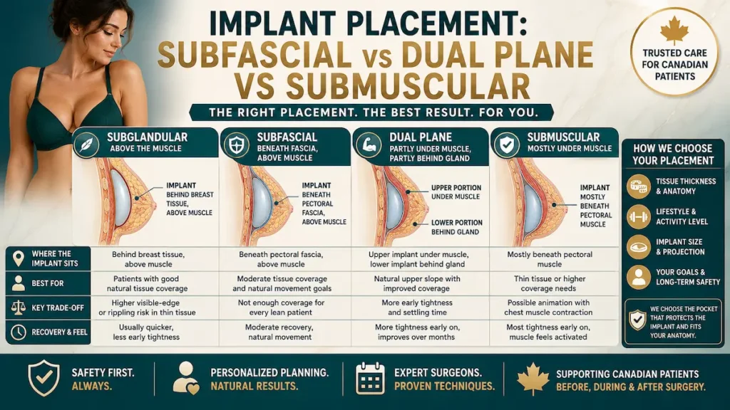 Breast implant placement infographic for Canadian patients comparing subglandular, subfascial, dual plane, and submuscular breast augmentation techniques.