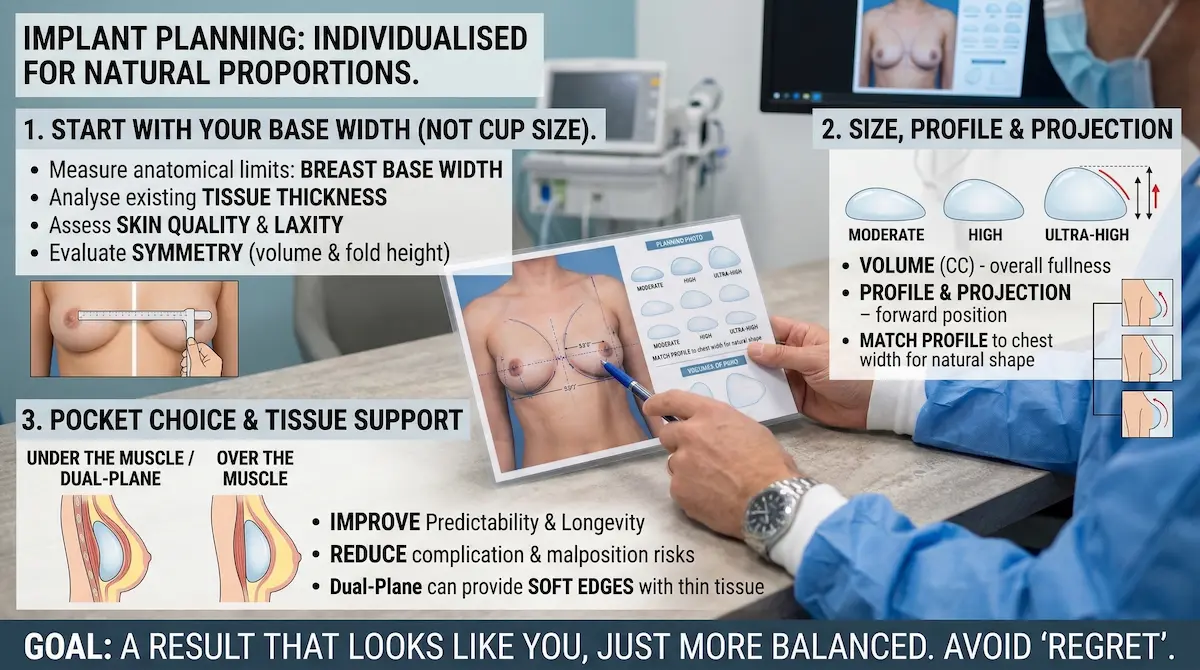 Breast implant planning infographic showing base width measurement, volume/profile projection, and pocket choice (dual-plane/over muscle) for natural proportions.