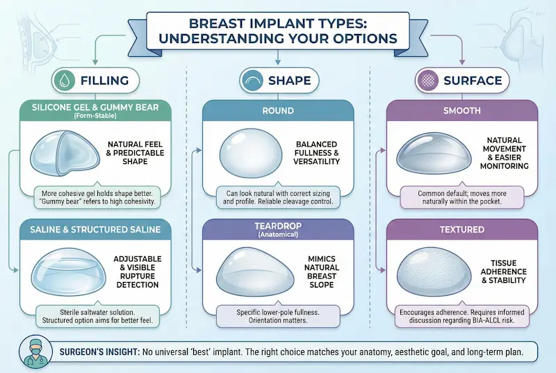 Breast Implant Types infographic comparing filling, shape (round vs teardrop), and surface (smooth vs textured).