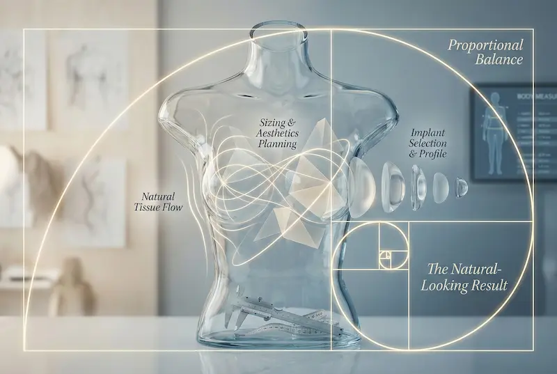 Breast Implants natural-looking results visual showing sizing, implant profile selection, and proportional balance for a natural outcome.