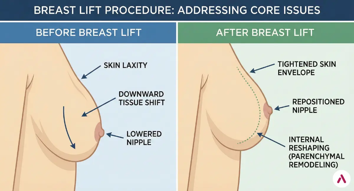 Before-and-after breast lift diagram showing skin laxity and downward tissue shift versus tightened skin and repositioned nipple with internal reshaping.