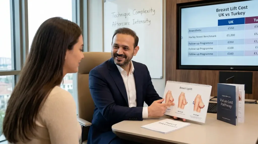 Breast Uplift (Mastopexy) consultation with a surgeon explaining technique options and planning for UK patients.