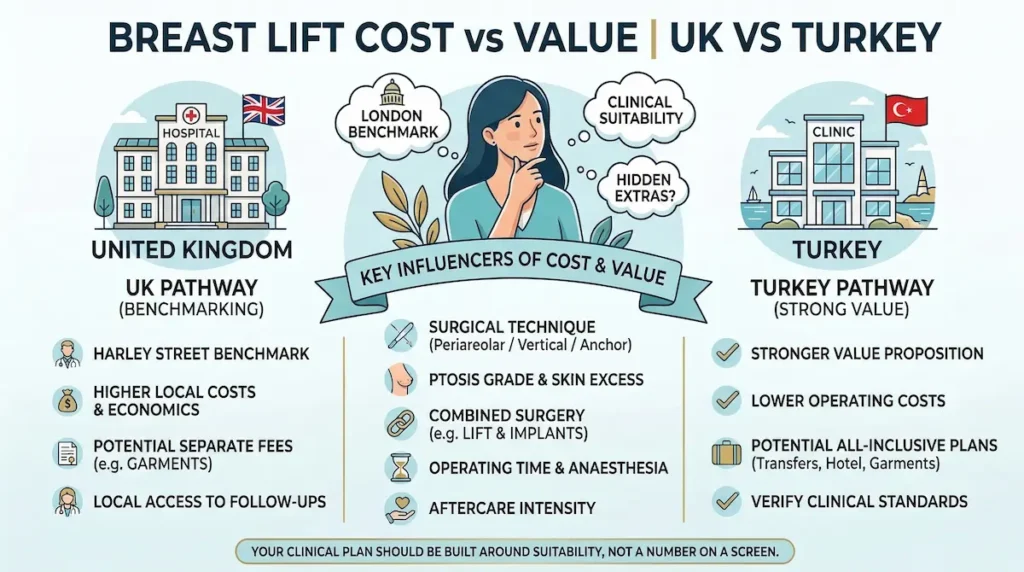 Breast Uplift (Mastopexy) cost vs value infographic comparing the UK and Turkey, including technique, aftercare, and all-inclusive planning.