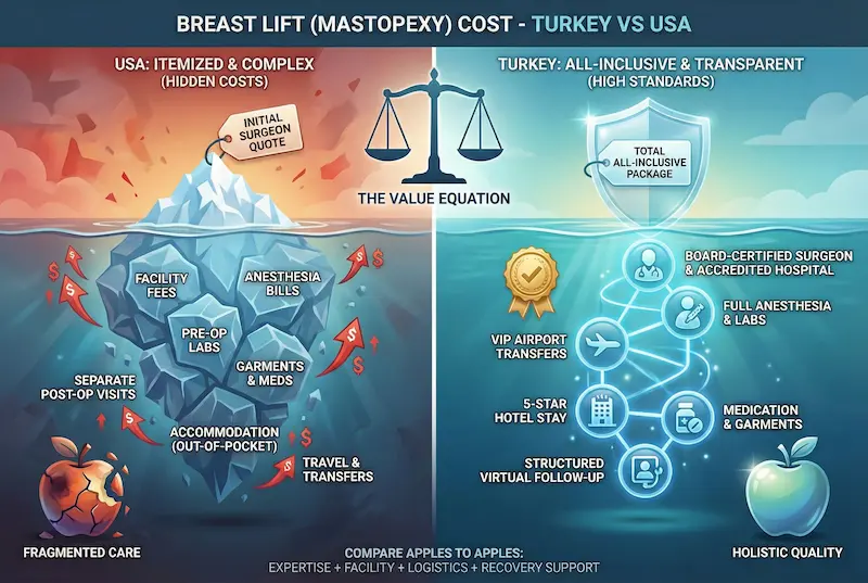 Breast Lift Cost infographic comparing Turkey vs USA, showing itemized hidden fees in the US versus an all-inclusive package in Turkey.