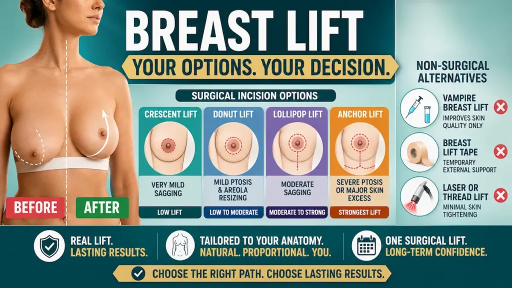 Breast lift incision techniques compared with crescent, donut, lollipop, and anchor lift options plus non-surgical breast lift alternatives.