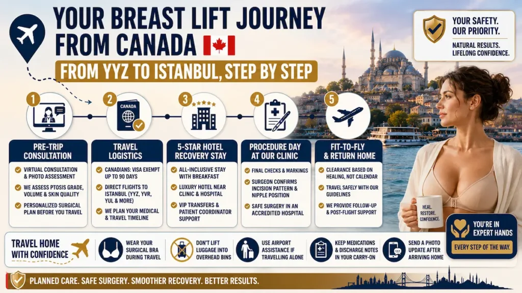 Breast lift journey from Canada to Istanbul showing consultation, travel, hotel recovery, clinic day, and fit-to-fly return.