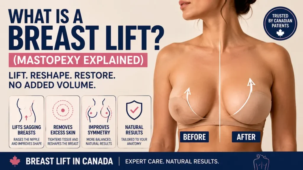 Breast lift mastopexy explained with before-and-after visual showing lifted breast position and no added volume.
