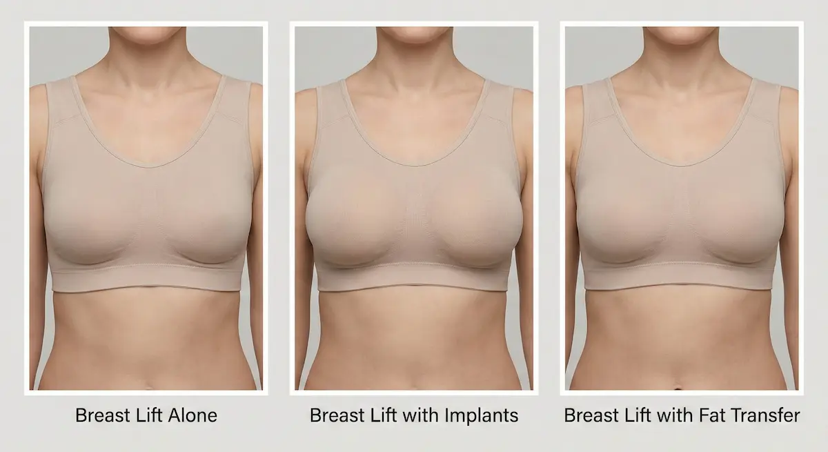 Three-panel illustration comparing breast lift alone, breast lift with implants, and breast lift with fat transfer.