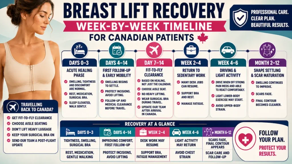 Breast lift recovery timeline showing days 0-3, days 4-14, fit-to-fly clearance, return to work, and scar maturation.
