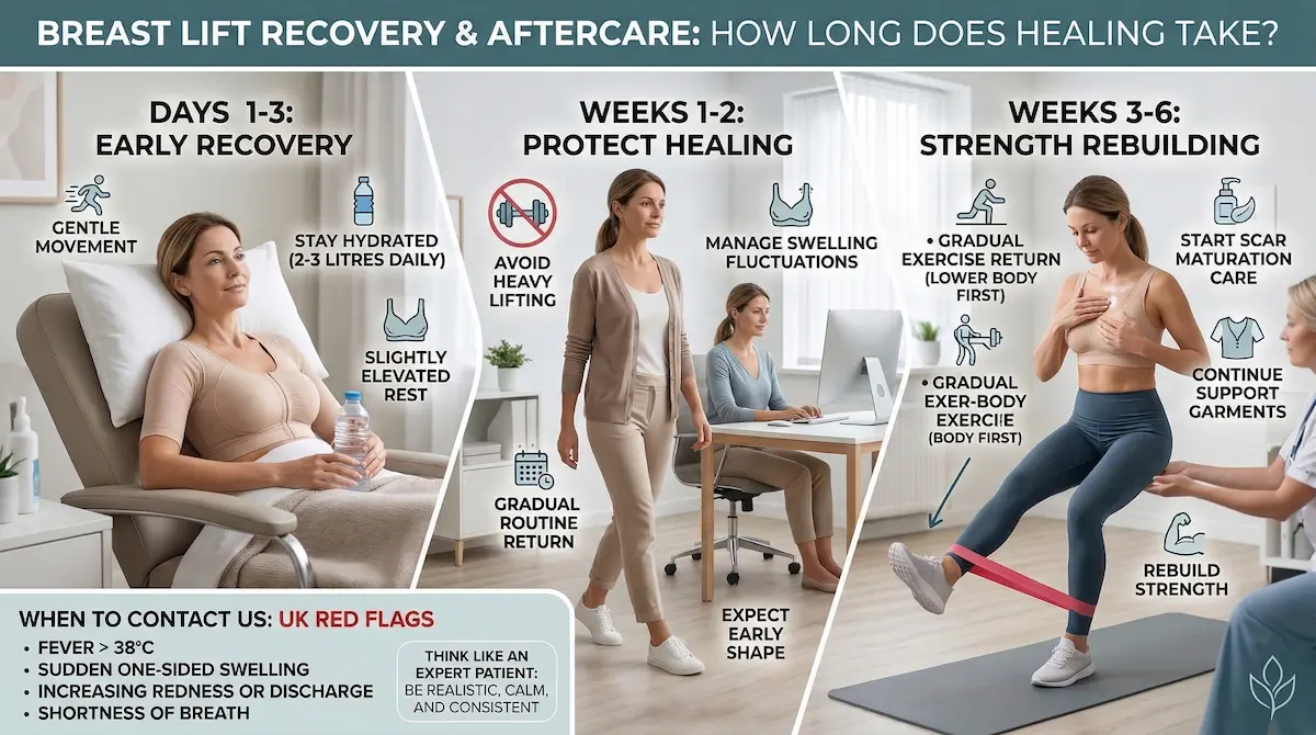 Breast lift recovery infographic showing days 1–3, weeks 1–2 and weeks 3–6 aftercare, hydration, movement and UK red flags.