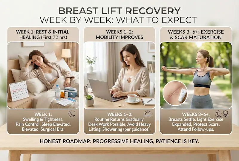 Breast Lift Recovery Week by Week infographic showing Week 1 rest, Weeks 1–2 mobility improvement, and Weeks 3–6+ exercise and scar maturation.