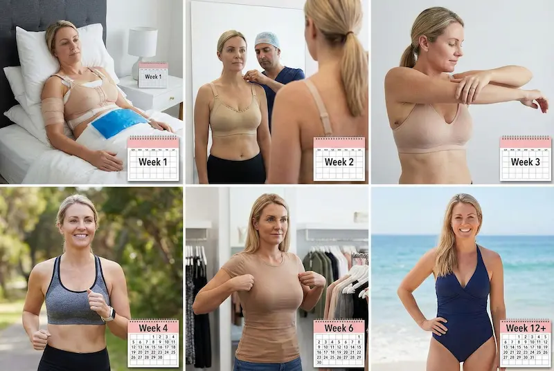 Breast Lift Recovery collage: Week 1 rest, Week 2 checkup, Week 3 mobility, Week 4 cardio, Week 6 clothes, Week 12+ beach