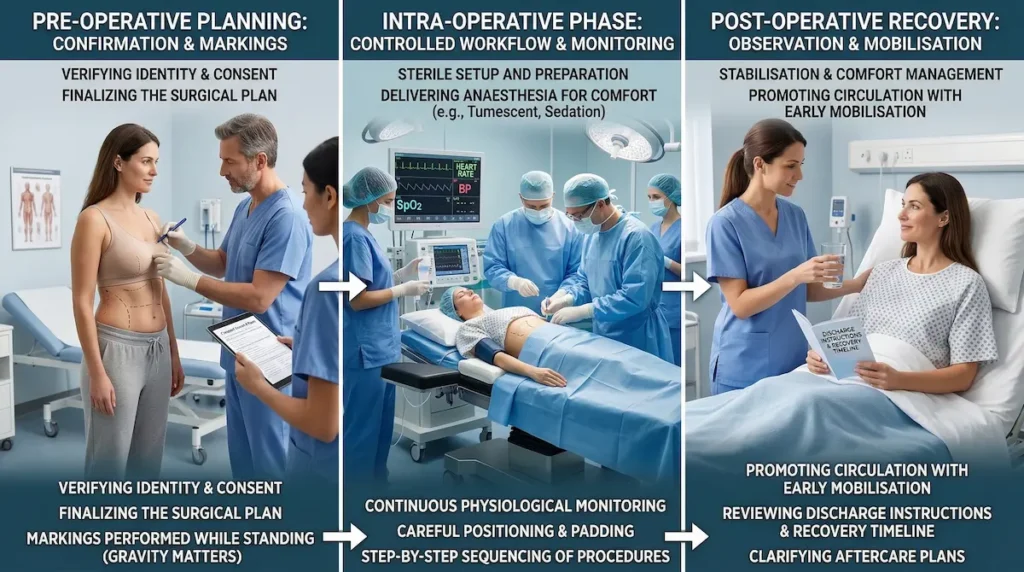 Breast Uplift (Mastopexy) step-by-step visual showing pre-operative markings, monitored surgery under anaesthesia, and post-operative recovery care.