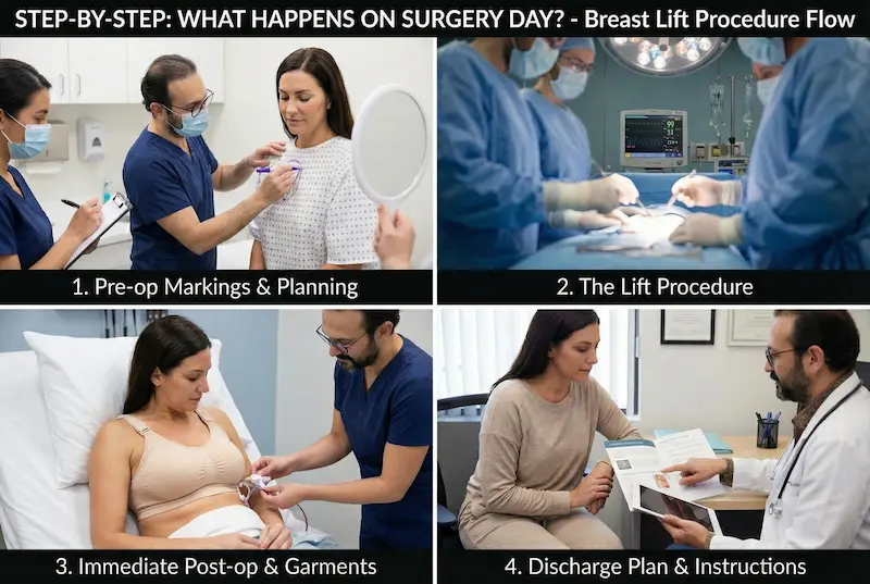 Breast Lift Surgery Step by Step collage showing pre-op markings, the procedure, post-op garments, and discharge instructions.