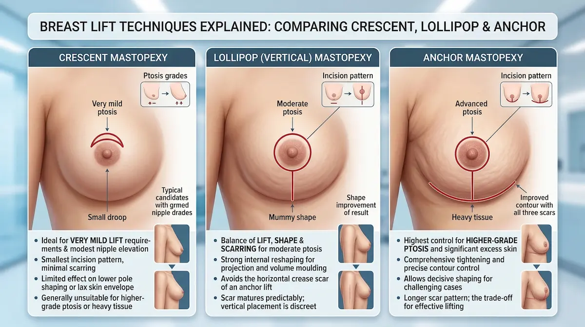 Comparison infographic of breast lift techniques: crescent, lollipop (vertical) and anchor mastopexy with incision patterns and ptosis levels.