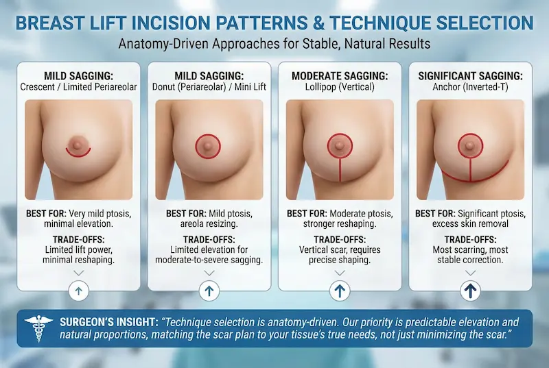 Breast Lift Types infographic showing incision patterns for crescent, donut/mini, lollipop (vertical), and anchor (inverted-T) techniques.